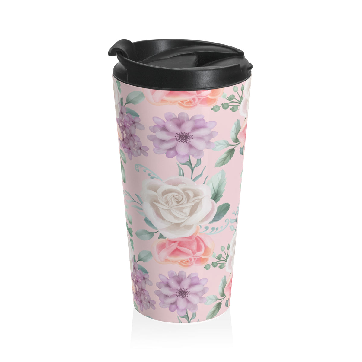 Pink watercolor rose 15oz insulated stainless steel travel mug - view 4