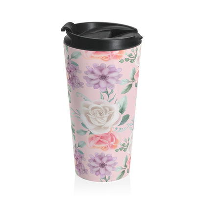 Pink watercolor rose 15oz insulated stainless steel travel mug - view 4