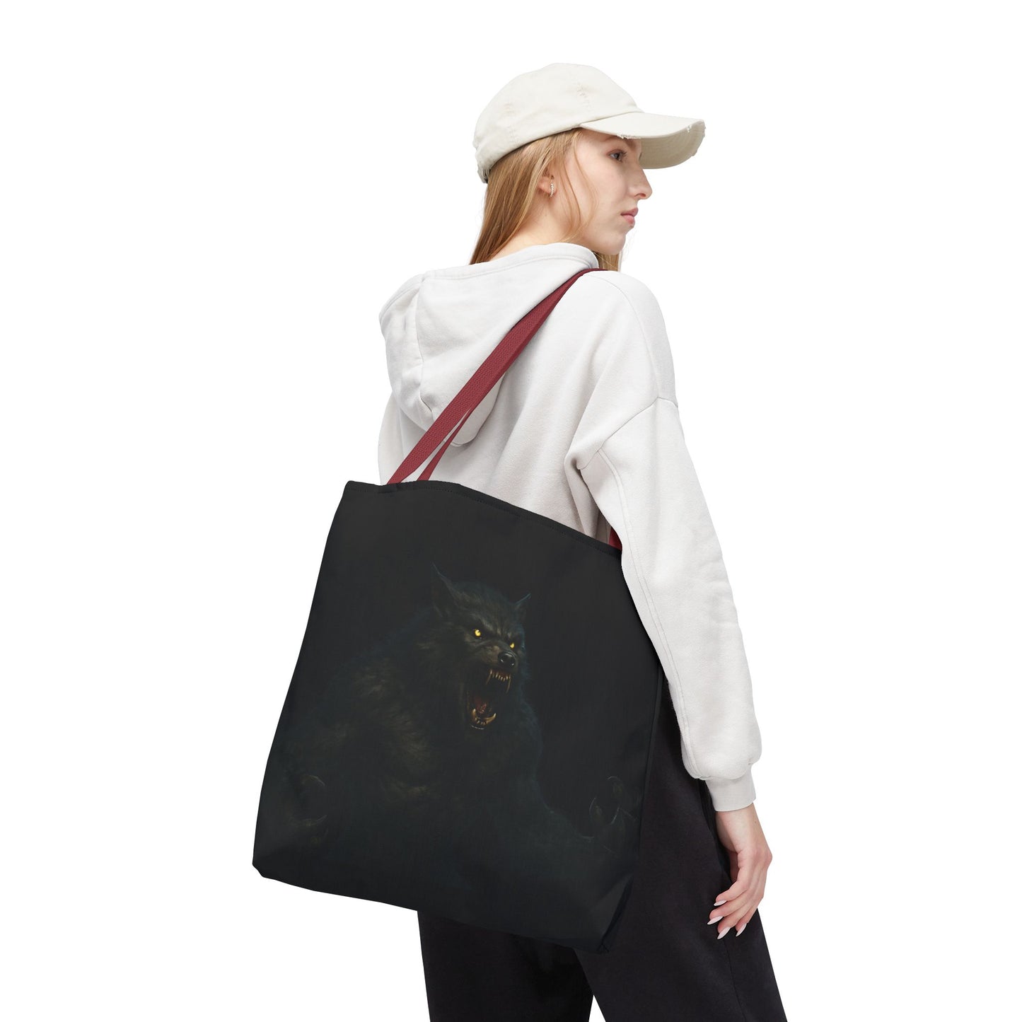 Werewolf tote bag with dark Halloween art, featuring a spooky horror design, ideal for fans of horror-themed accessories.