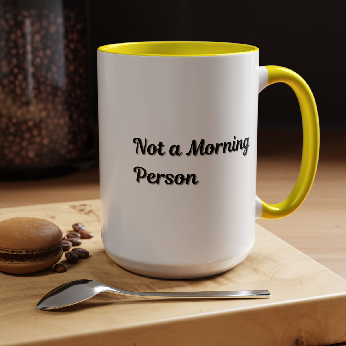 Ceramic coffee mug with "Not a Morning Person" print, 11oz size, by Printify, featuring a white mug with black text design.