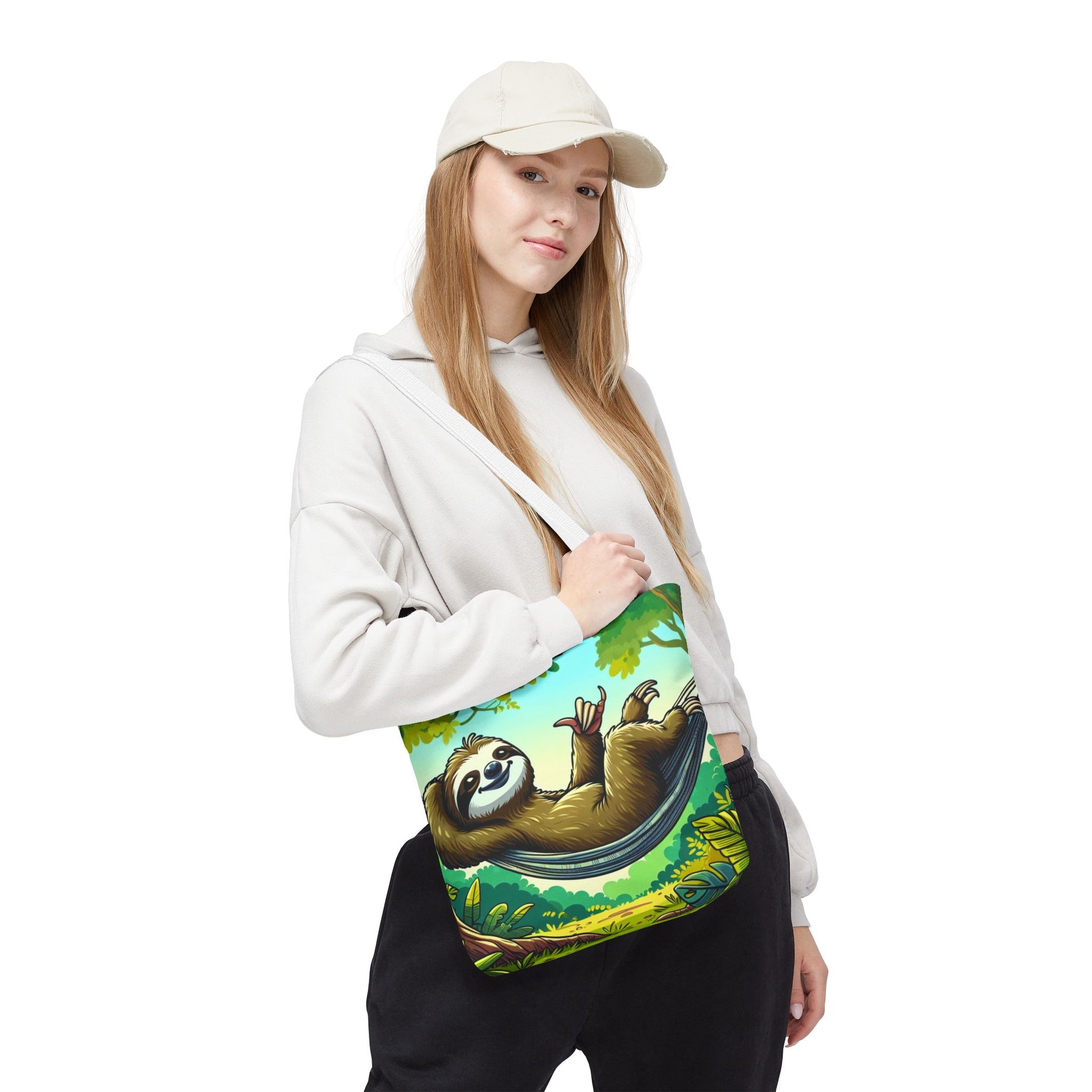 Cute eco-friendly tote bag featuring a sloth design, perfect for animal lovers, made by Printify.