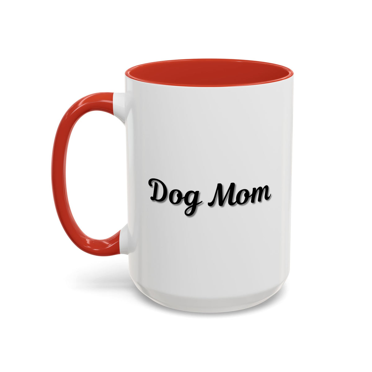 Dog Mom Accent Coffee Mug — white ceramic coffee mug with retro script "Dog Mom" print, colored interior and C-handle, 11oz/15oz, styled lifestyle product photo