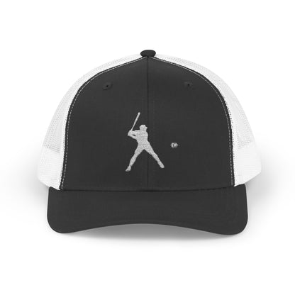 Vintage baseball snapback trucker cap with batter silhouette design, stylish hat from Printify featuring a classic baseball theme.
