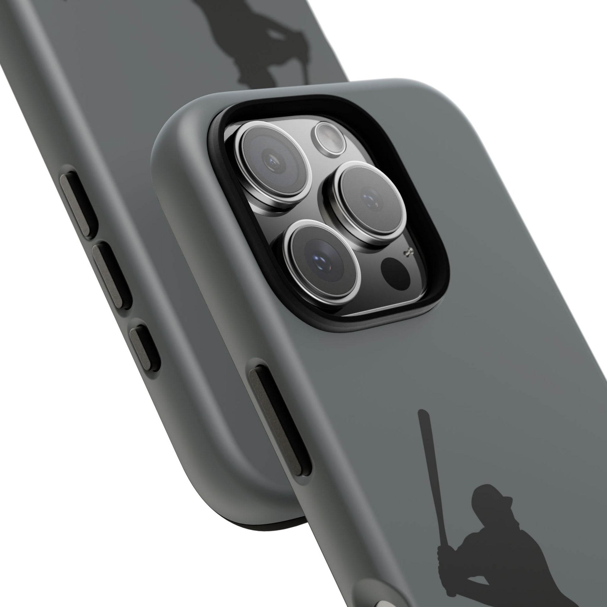 Black tough phone case with baseball silhouette design for iPhone, providing durable protection and sporty style.