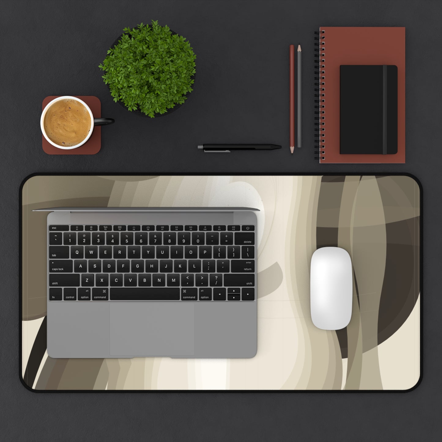 Abstract Neutral Waves Desk Mat | Modern Beige Brown Mousepad Surface