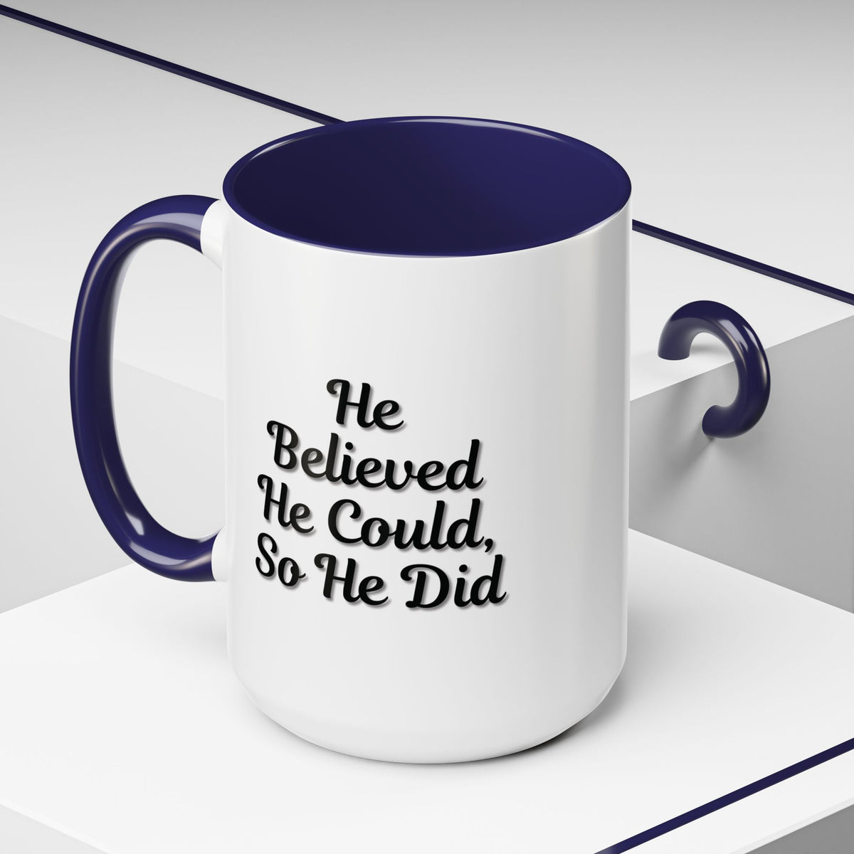 Printify inspirational coffee mug with "He Believed He Could So He Did" quote, ceramic mug perfect for daily motivation.
