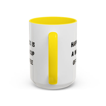 White ceramic coffee mug with "Happiness Is A Warm Cup Of Coffee" printed in black text, designed by Printify.