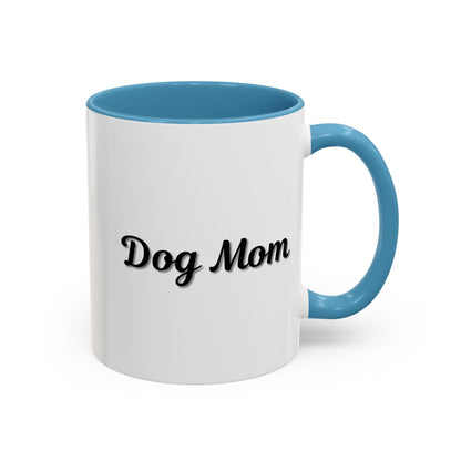 Dog Mom Accent Coffee Mug — white ceramic coffee mug with retro script "Dog Mom" print, colored interior and C-handle, 11oz/15oz, front view