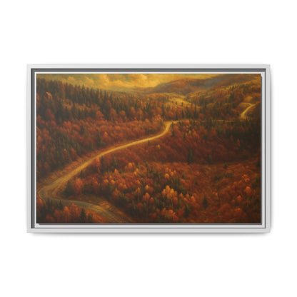 Framed matte canvas print of an autumn forest road landscape wall art by Printify, showcasing vibrant fall trees and a scenic path.