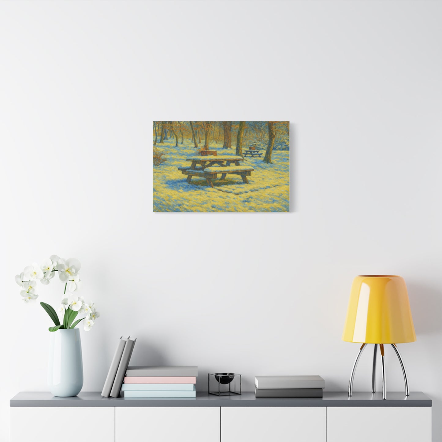 Winter picnic canvas print showing a snow-covered park bench wall art by Printify on a canvas.