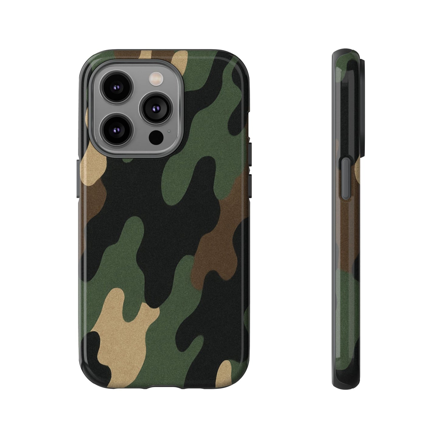 Military green camo tough phone case by Printify, rugged protective cover for smartphone with military-style camouflage design.