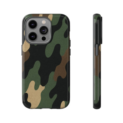 Military green camo tough phone case by Printify, rugged protective cover for smartphone with military-style camouflage design.