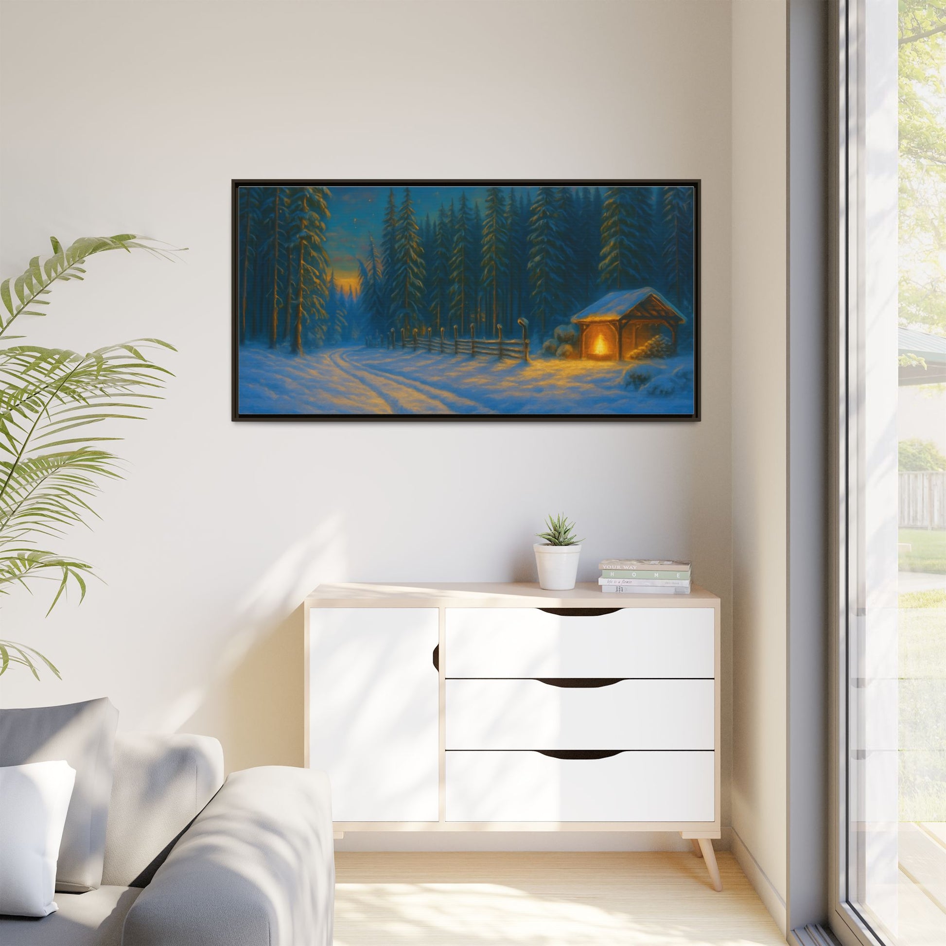 Cozy winter cabin matte framed canvas wall art depicting a snowy forest evening scene, ideal for winter home decor.