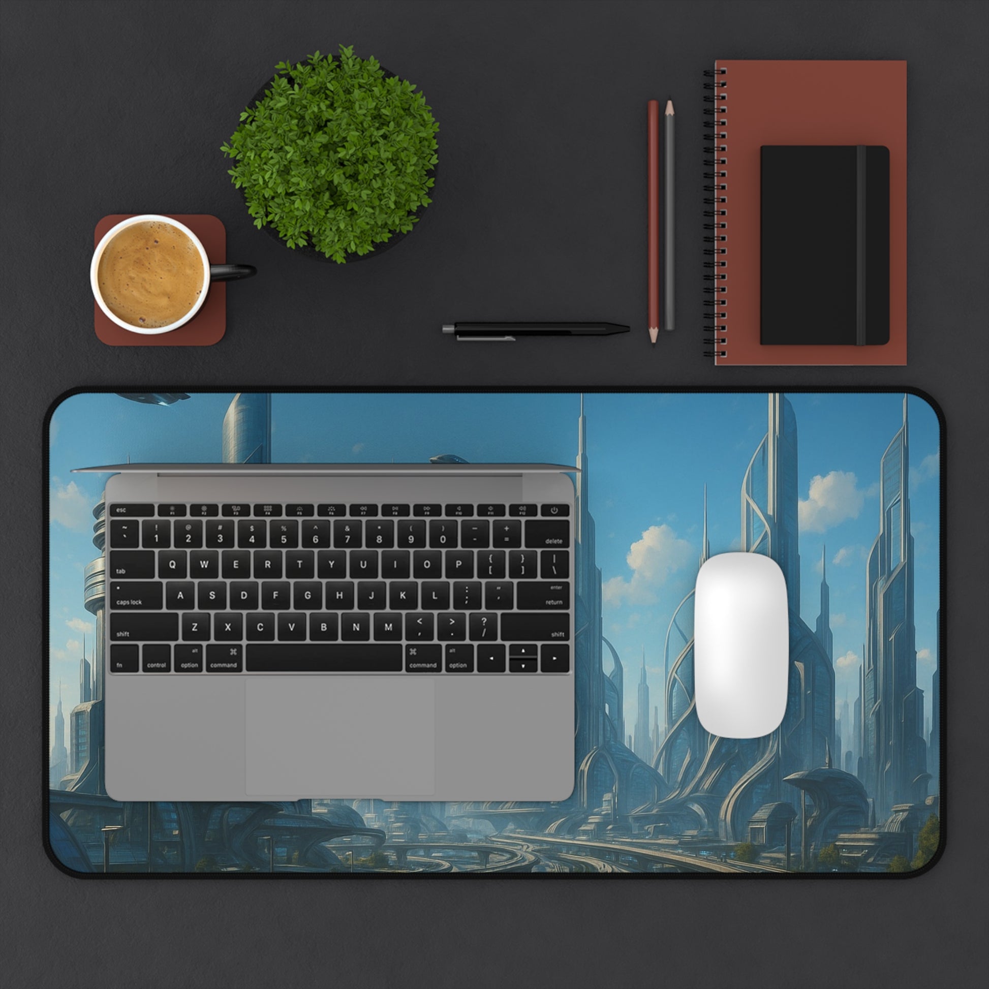 Futuristic cityscape desk mat featuring a sci-fi skyline design, ideal for mousepads and desk organization.