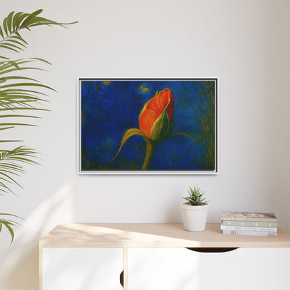 Red rose bud canvas wall art by Printify featuring a framed matte floral painting on canvas.