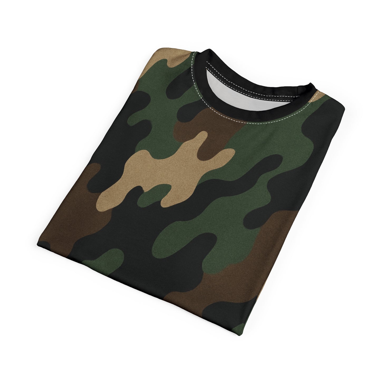 Printify woodland camouflage all-over print tee featuring classic camo pattern on a casual shirt.