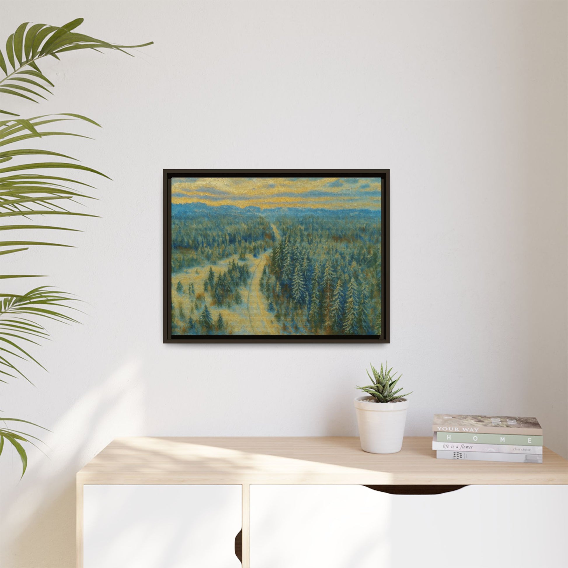 Framed matte canvas print of a serene winter forest landscape by Printify, featuring snow-covered trees and peaceful scenery.