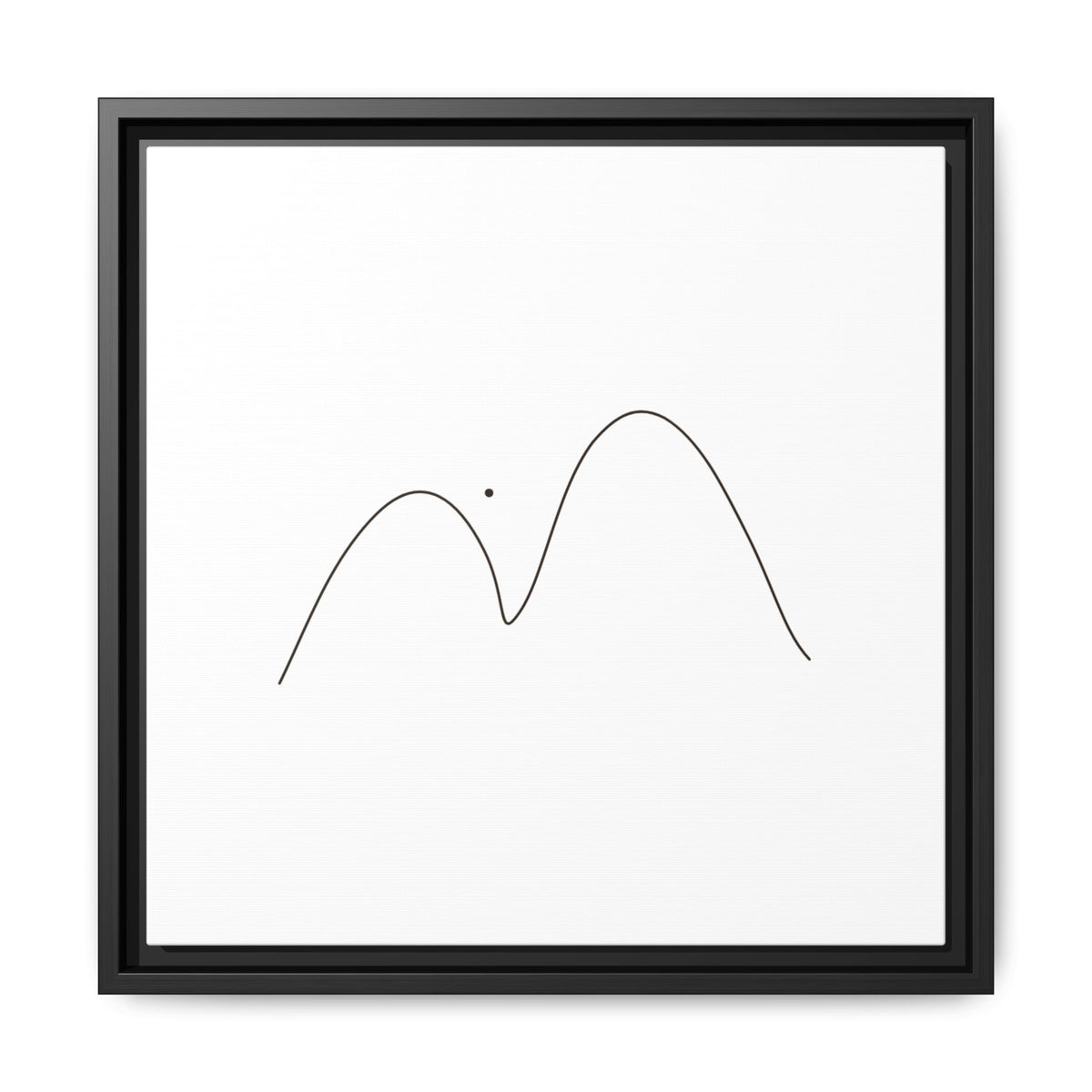 Framed minimalist mountain line art print on matte canvas by Printify, featuring simple black mountain outline on white background.