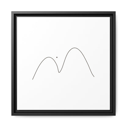 Framed minimalist mountain line art print on matte canvas by Printify, featuring simple black mountain outline on white background.