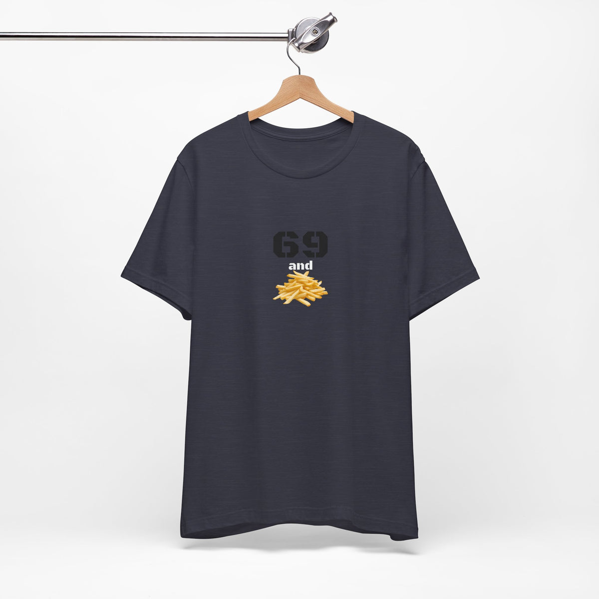 Unisex graphic T-shirt featuring a humorous 69 and French fries design in bold colors, made by Printify.