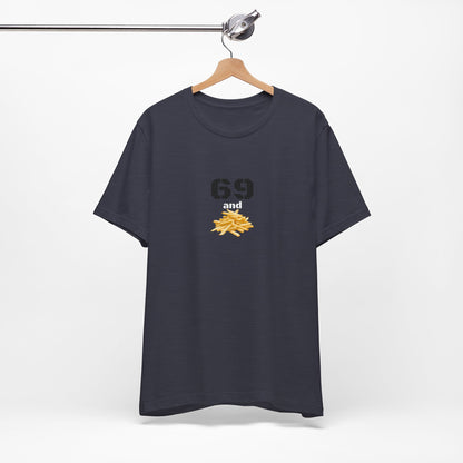Unisex graphic T-shirt featuring a humorous 69 and French fries design in bold colors, made by Printify.