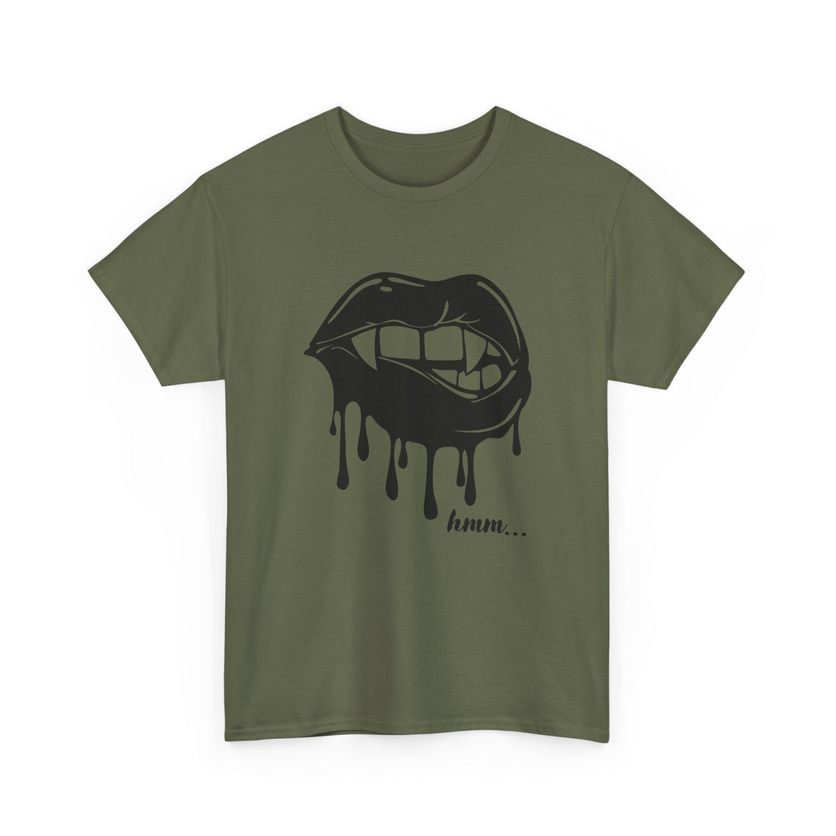 Graphic T-shirt from Printify featuring a dripping lips 'hmm...' bite design in bold, vibrant colors on a casual cotton tee.