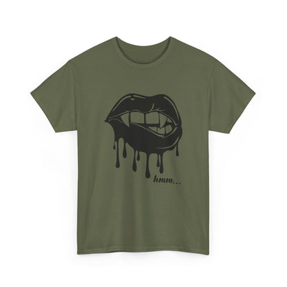 Graphic T-shirt from Printify featuring a dripping lips 'hmm...' bite design in bold, vibrant colors on a casual cotton tee.