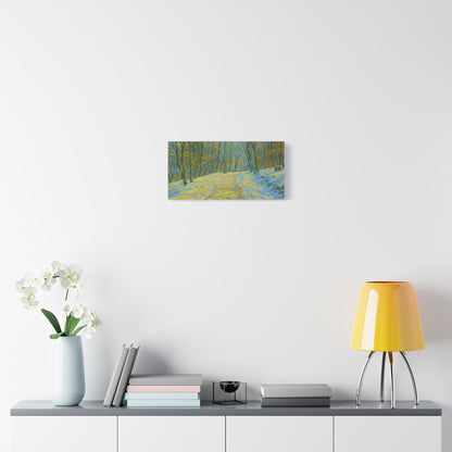 Winter landscape canvas wall art by Printify featuring a cozy nature scene, perfect for living room decor.