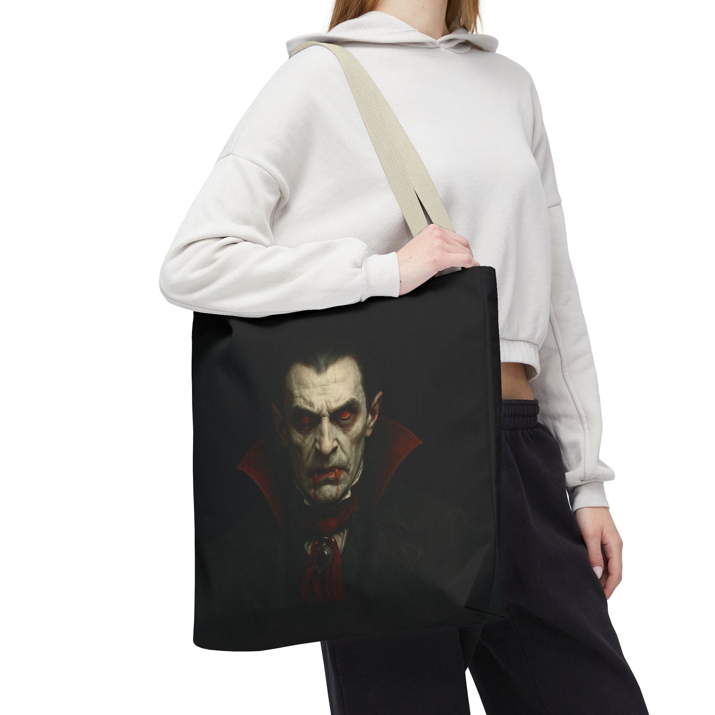 Black vampire tote bag with spooky gothic design, ideal for Halloween accessories, made by Printify.