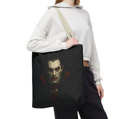 Black vampire tote bag with spooky gothic design, ideal for Halloween accessories, made by Printify.