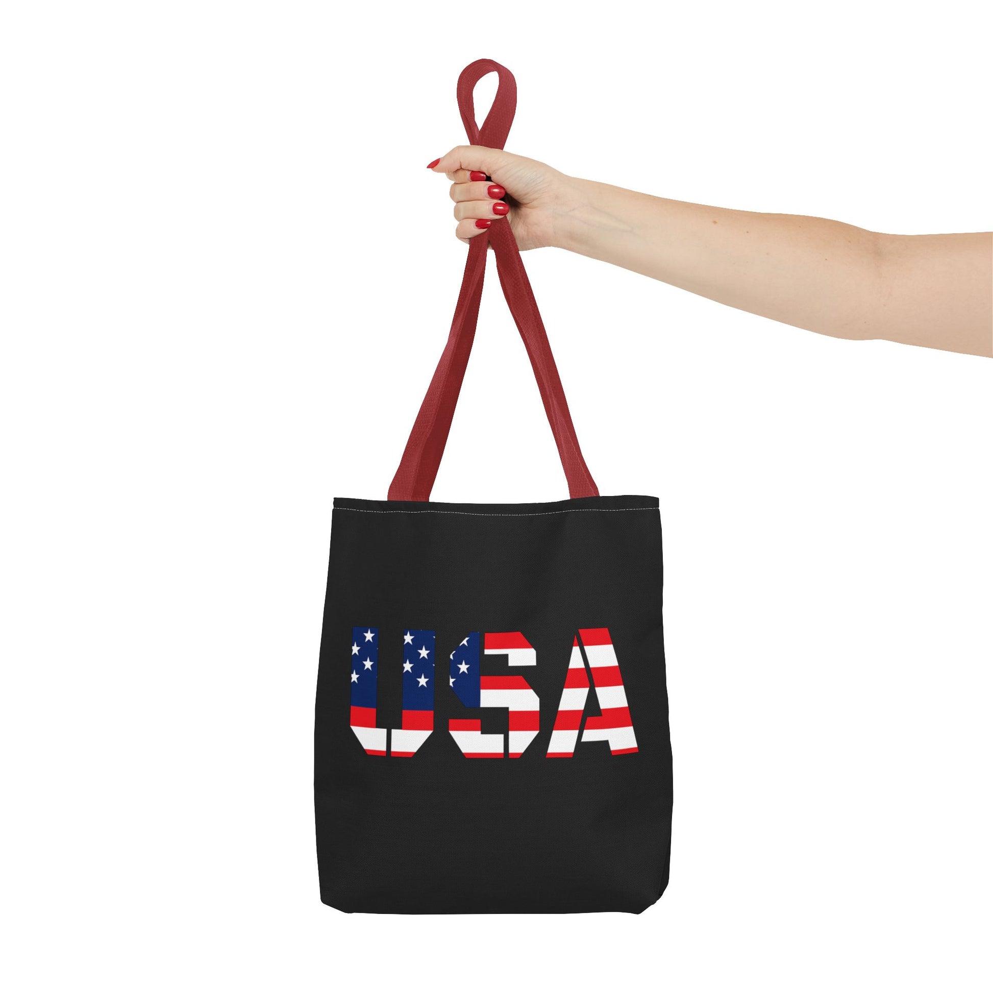 Red, white, and blue patriotic USA flag tote bag by Printify, reusable summer carryall perfect for 4th of July celebrations.
