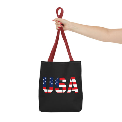 Red, white, and blue patriotic USA flag tote bag by Printify, reusable summer carryall perfect for 4th of July celebrations.
