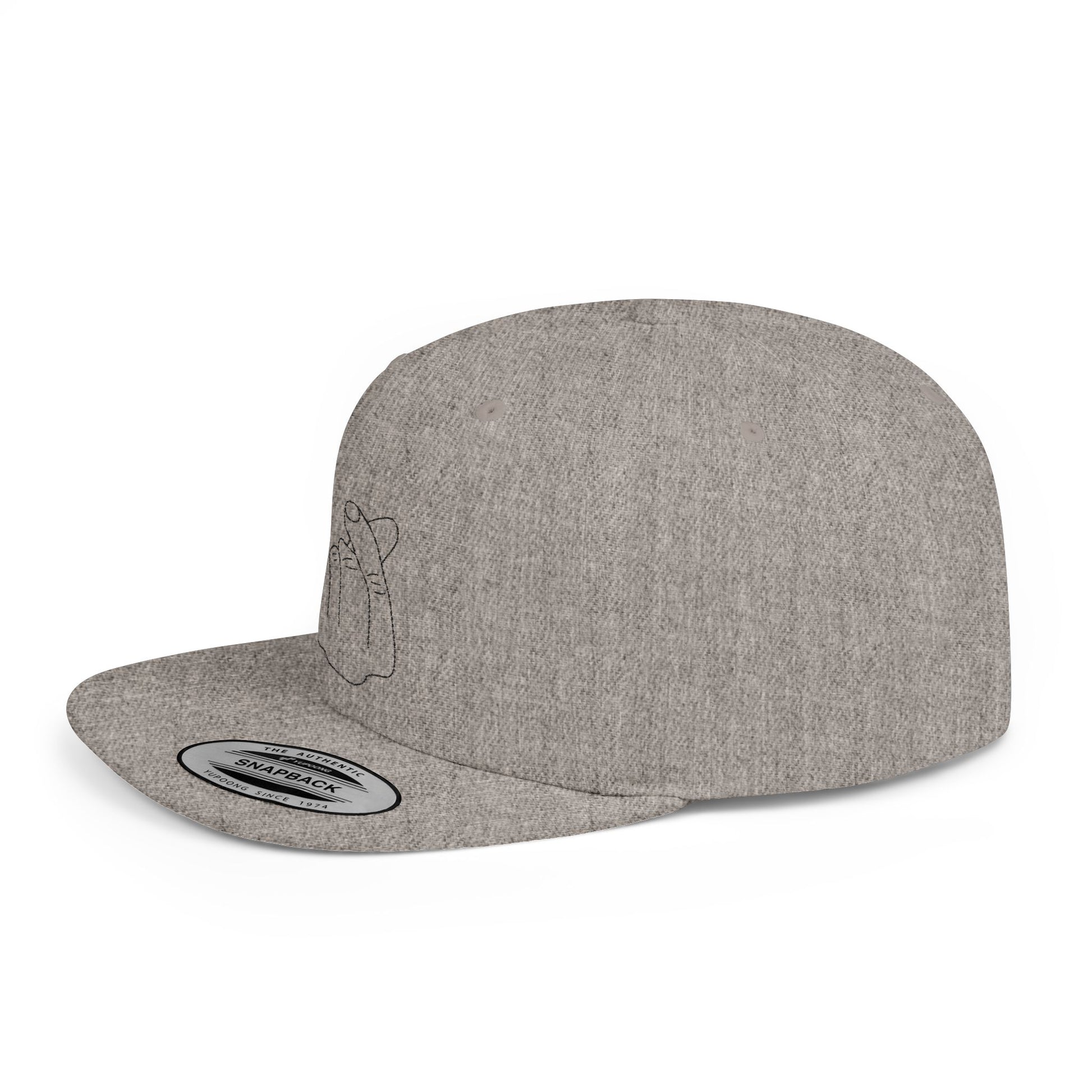 Minimalist hand gesture flat bill snapback hat by Printify, featuring a simple design and adjustable snapback closure.