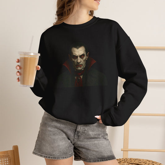 Printify vampire portrait crewneck sweatshirt showing a detailed, dark-themed vampire illustration on the front, casual and comfortable fit.