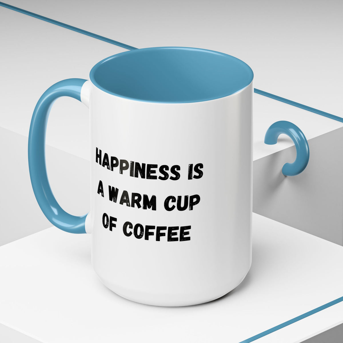 Ceramic coffee mug with "Happiness Is A Warm Cup Of Coffee" slogan, white accent mug by Printify featuring printed design.