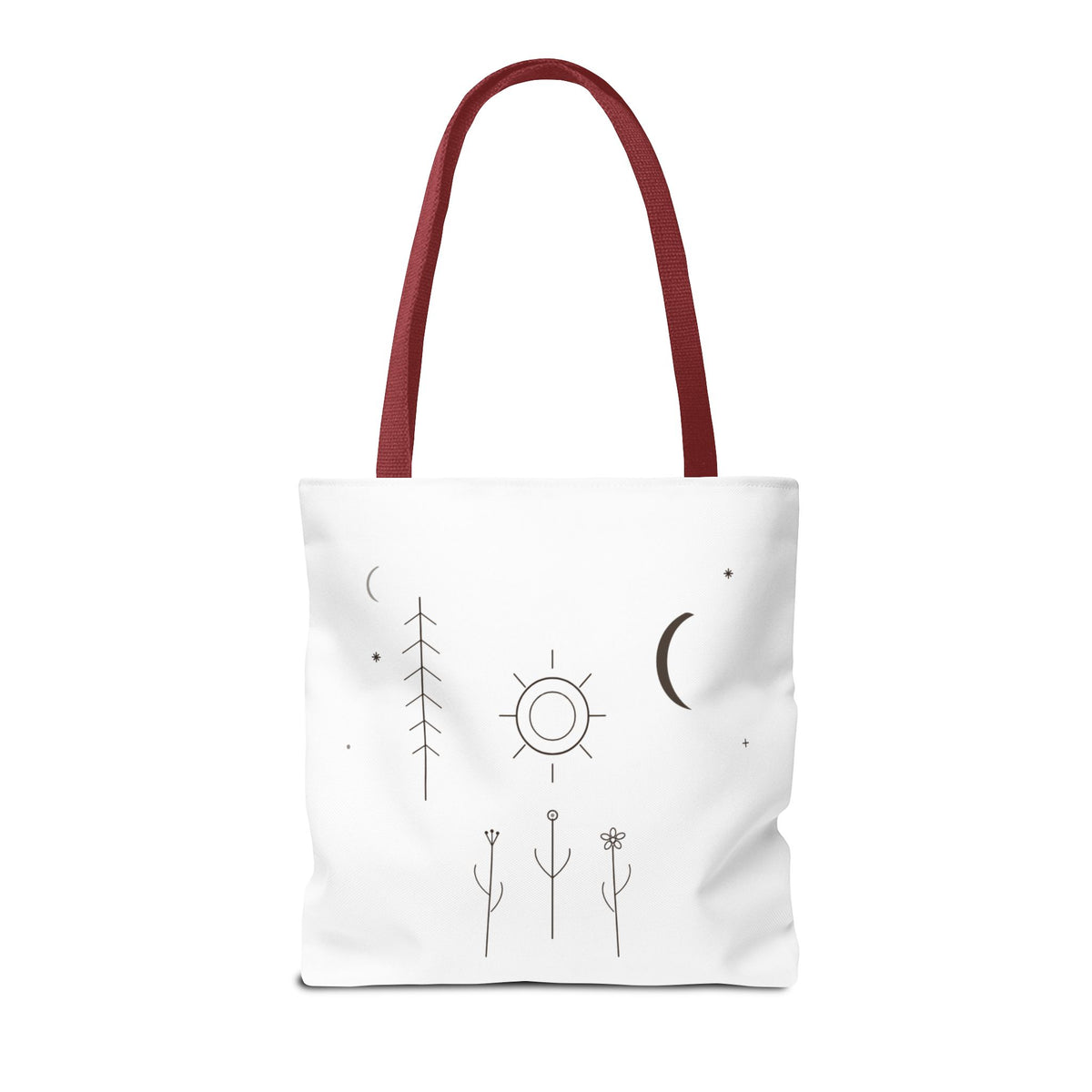 Minimal Moon and Sun botanical tote bag featuring celestial line art design, made by Printify.