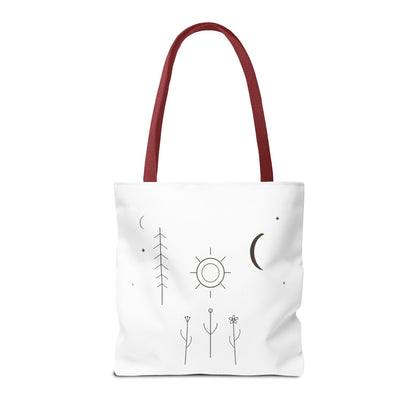 Minimal Moon and Sun botanical tote bag featuring celestial line art design, made by Printify.