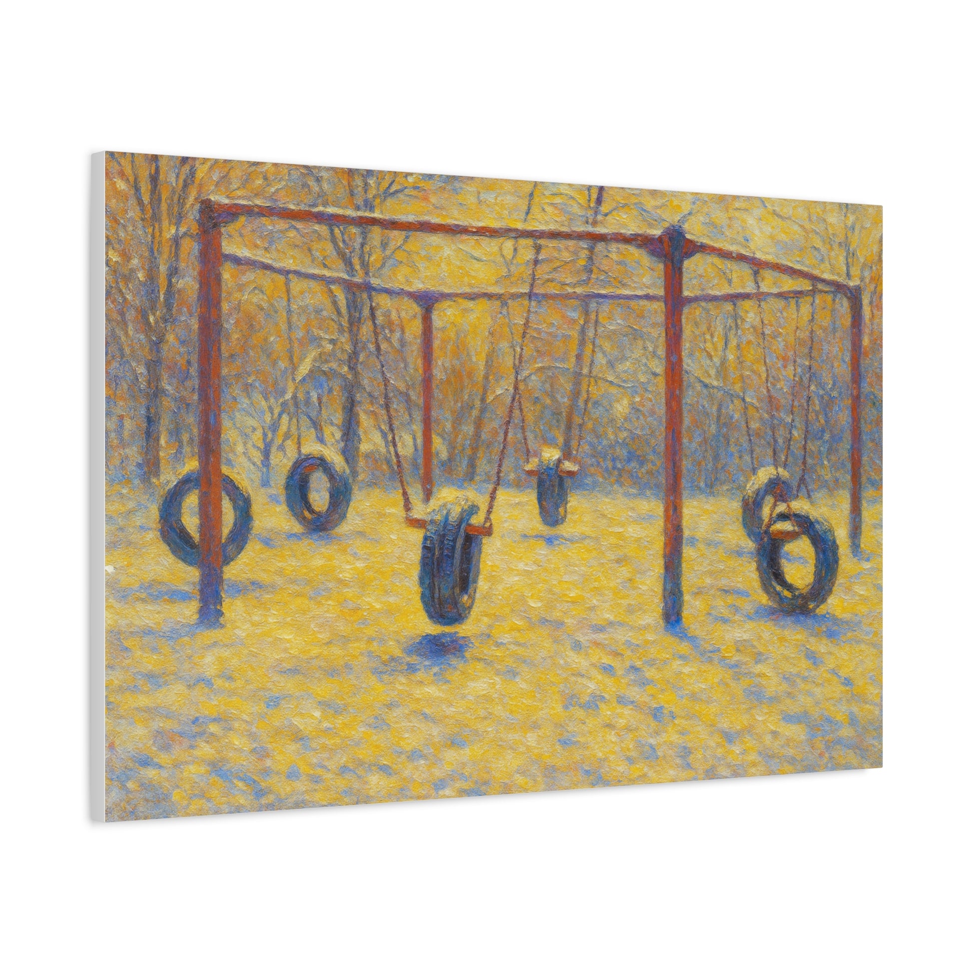 Matte stretched canvas wall art of a tire swing playground scene, designed by Printify for vibrant home decor.