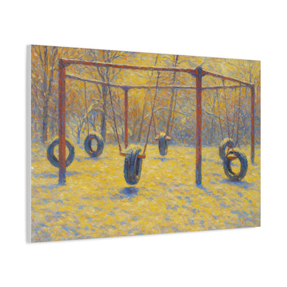 Matte stretched canvas wall art of a tire swing playground scene, designed by Printify for vibrant home decor.
