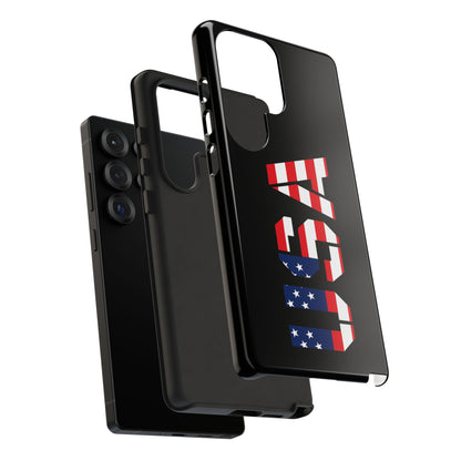 American flag phone case by Printify, patriotic tough case for smartphones featuring bold red, white, and blue flag design.