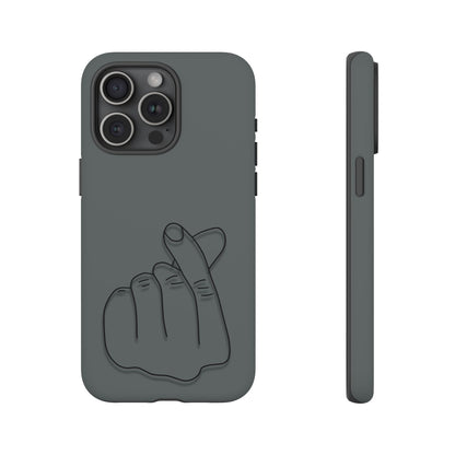 Silicone phone case with embossed Korean finger heart design, compatible with smartphones, by Printify.