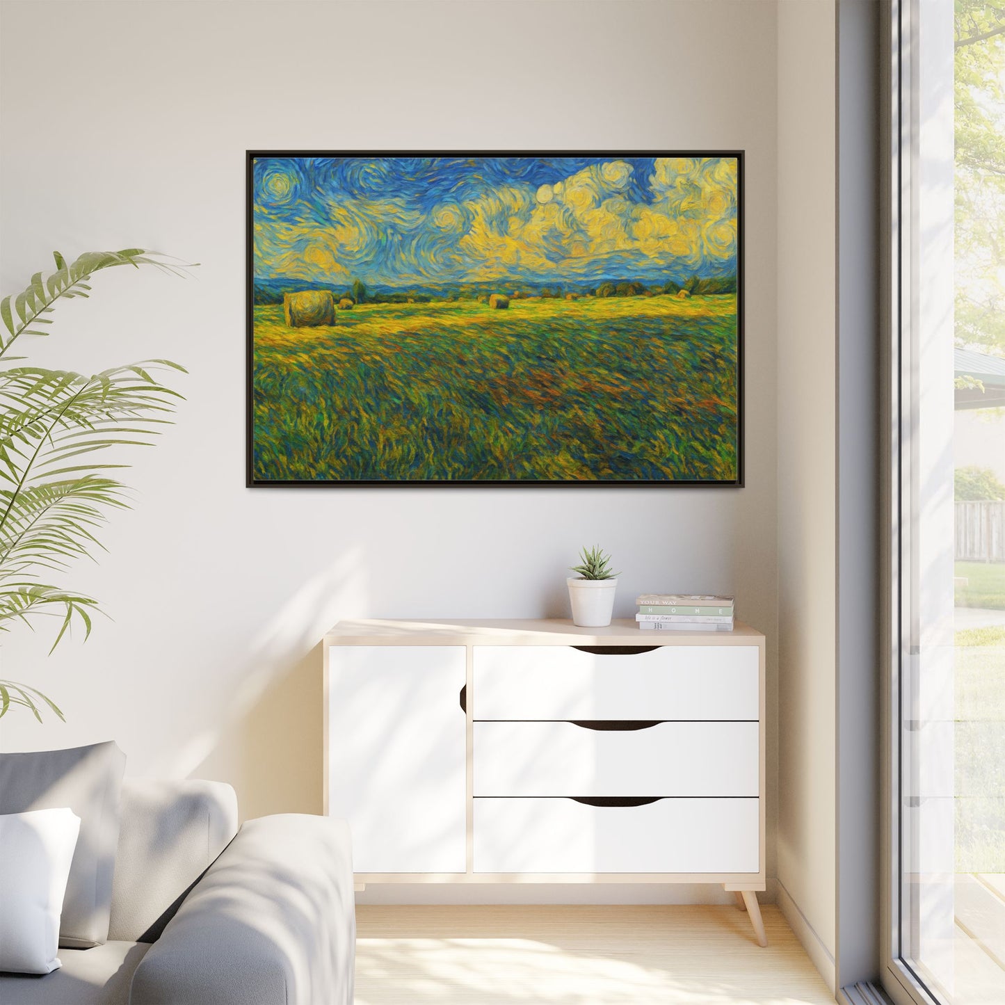 Framed landscape matte canvas print with vibrant multi-color design, showcasing a colorful scenic artwork by Printify.