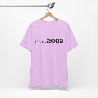 Black vintage-style T-shirt with "Est. 2002" printed, celebrating anniversary, by Printify, casual unisex clothing.