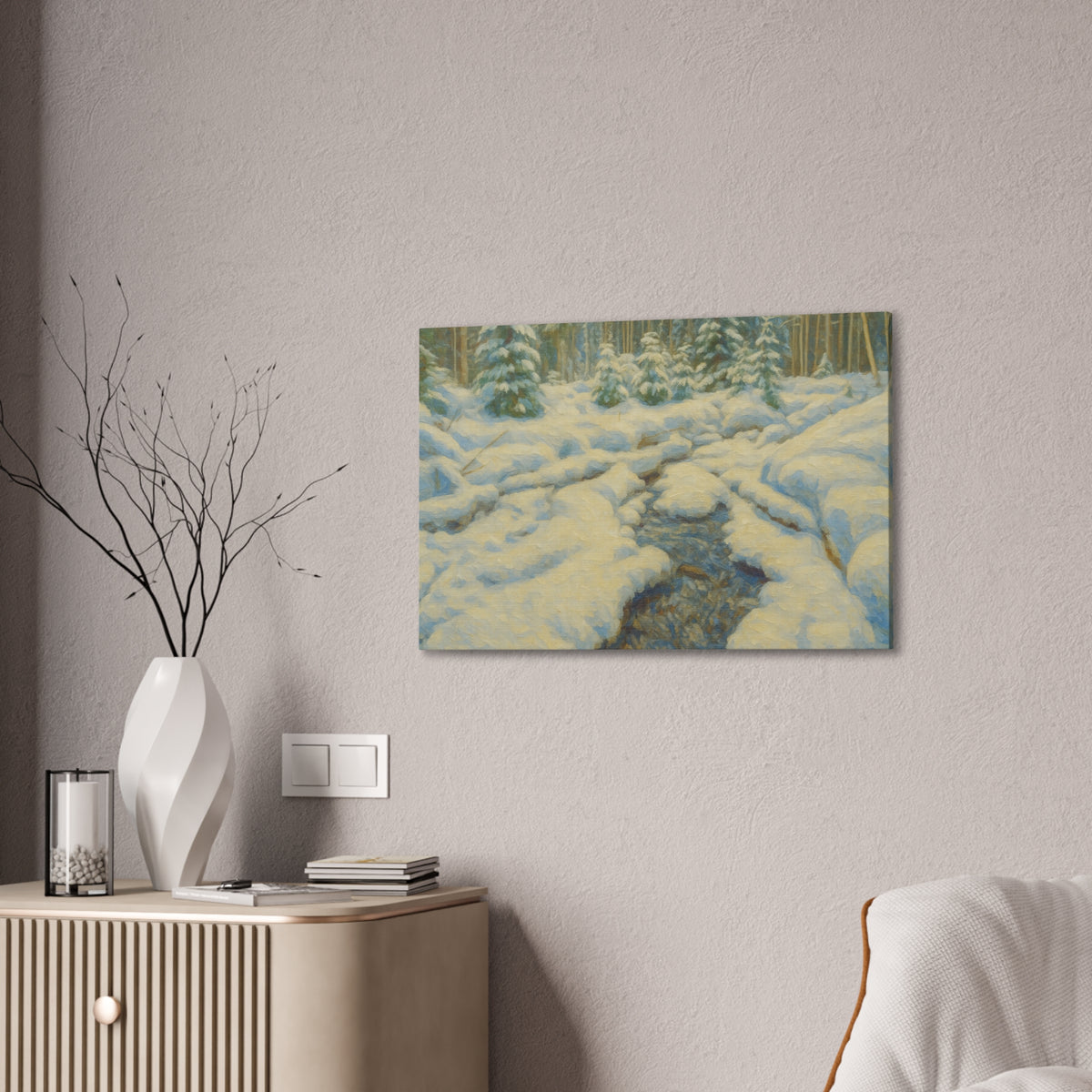 Snowy forest stream landscape on canvas wall art, winter scene with snow-covered trees and flowing water, by Printify.