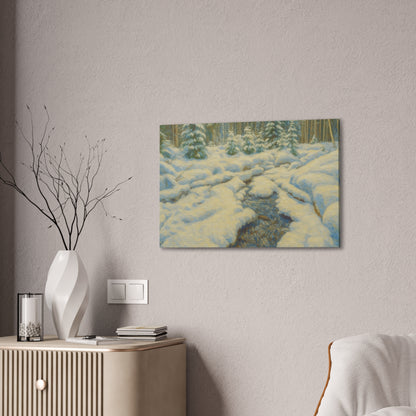 Snowy forest stream landscape on canvas wall art, winter scene with snow-covered trees and flowing water, by Printify.