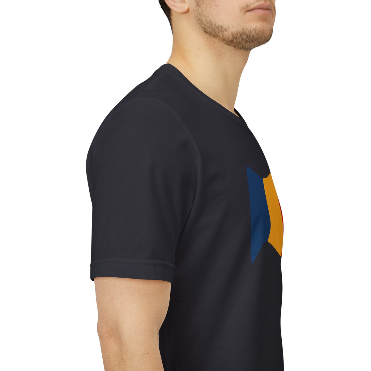 Romania flag T-shirt by Printify featuring a minimal waving tricolor design on a casual cotton tee.
