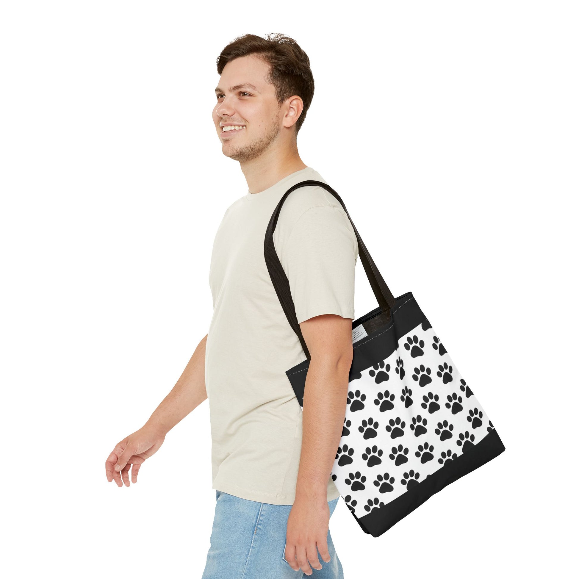 Eco-friendly paw print tote bag by Printify featuring a stylish design, perfect for dog and cat lovers.