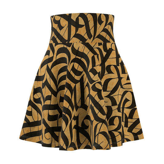 Gold and black calligraphy print skater skirt with boho festival style, featuring all-over print design by Printify.