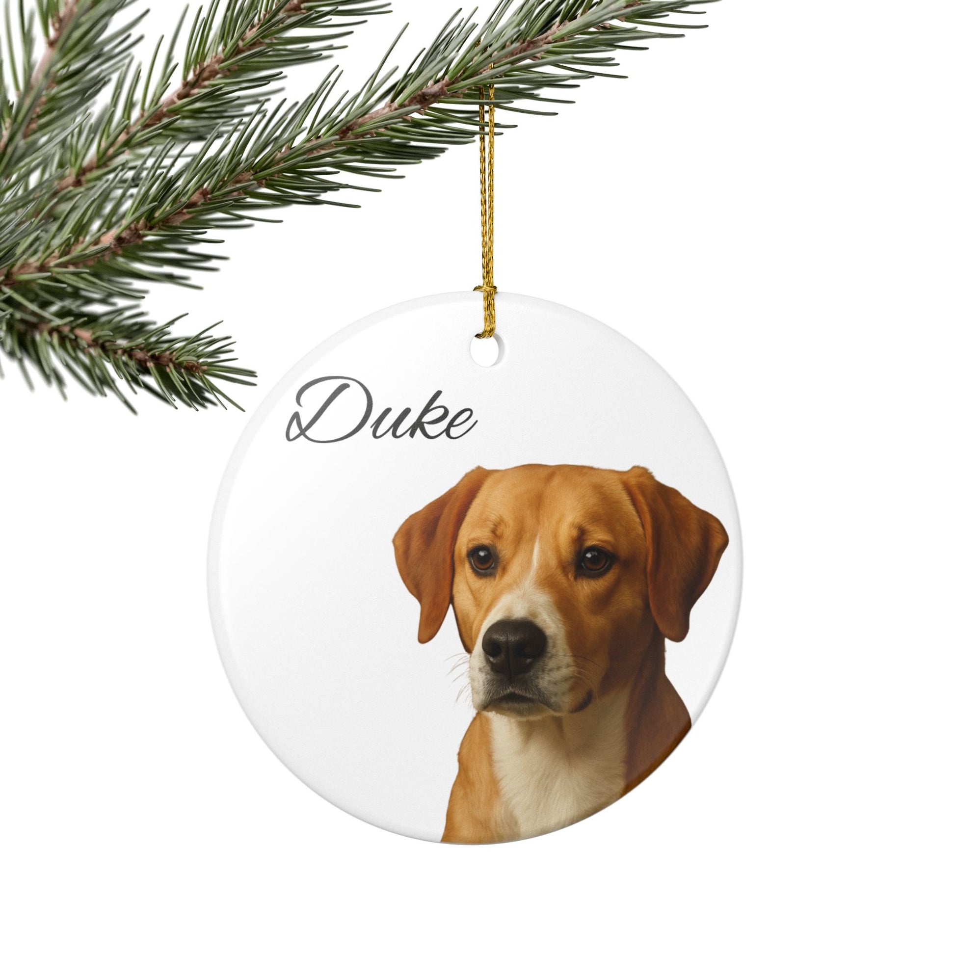 Personalized ceramic dog portrait ornament featuring Duke, a custom pet keepsake with detailed dog illustration.