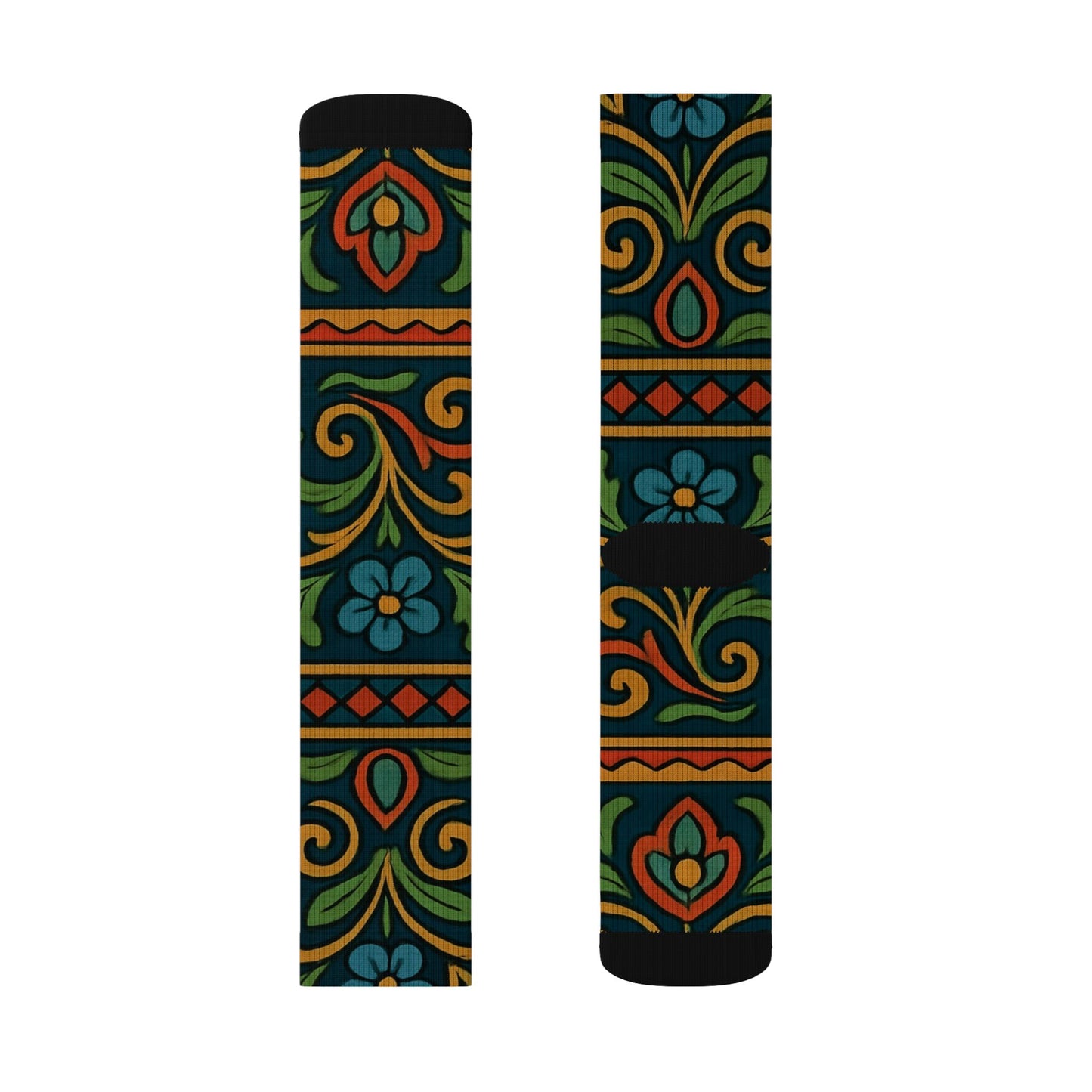 Victorian floral tile sublimation socks by Printify, patterned all-over crew socks featuring intricate floral and tile design.